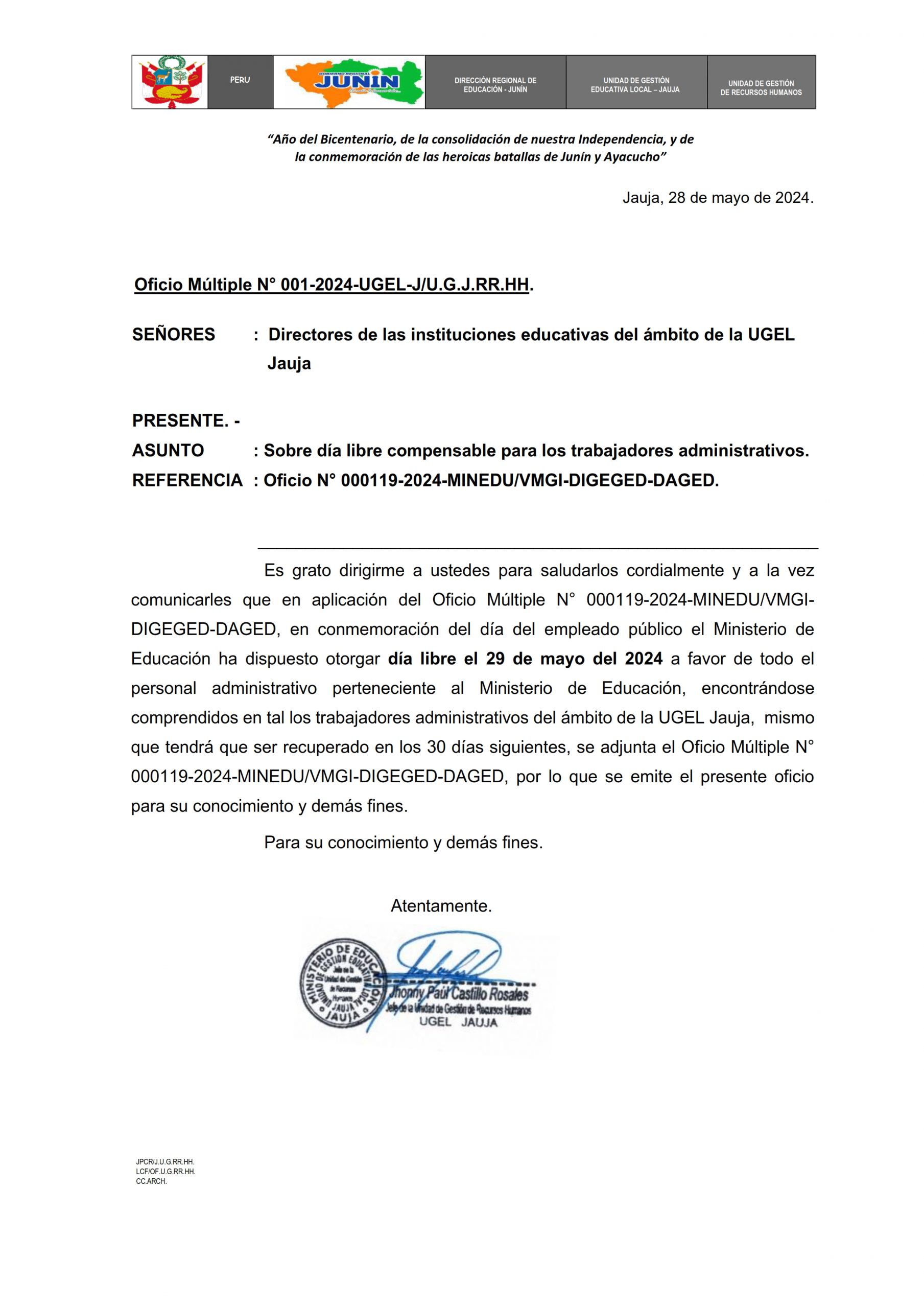 Oficio Múltiple N° 001-2024-UGEL-J/U.G.RR.HH.