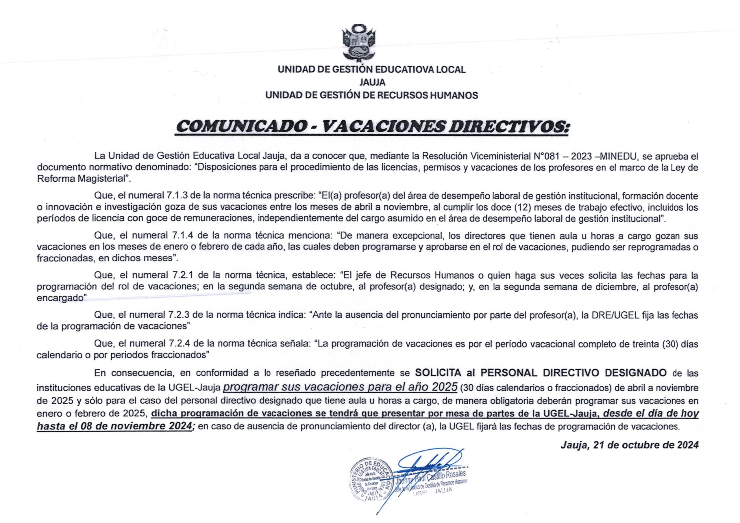 Comunicado Vacaciones Directivos UGEL Jauja