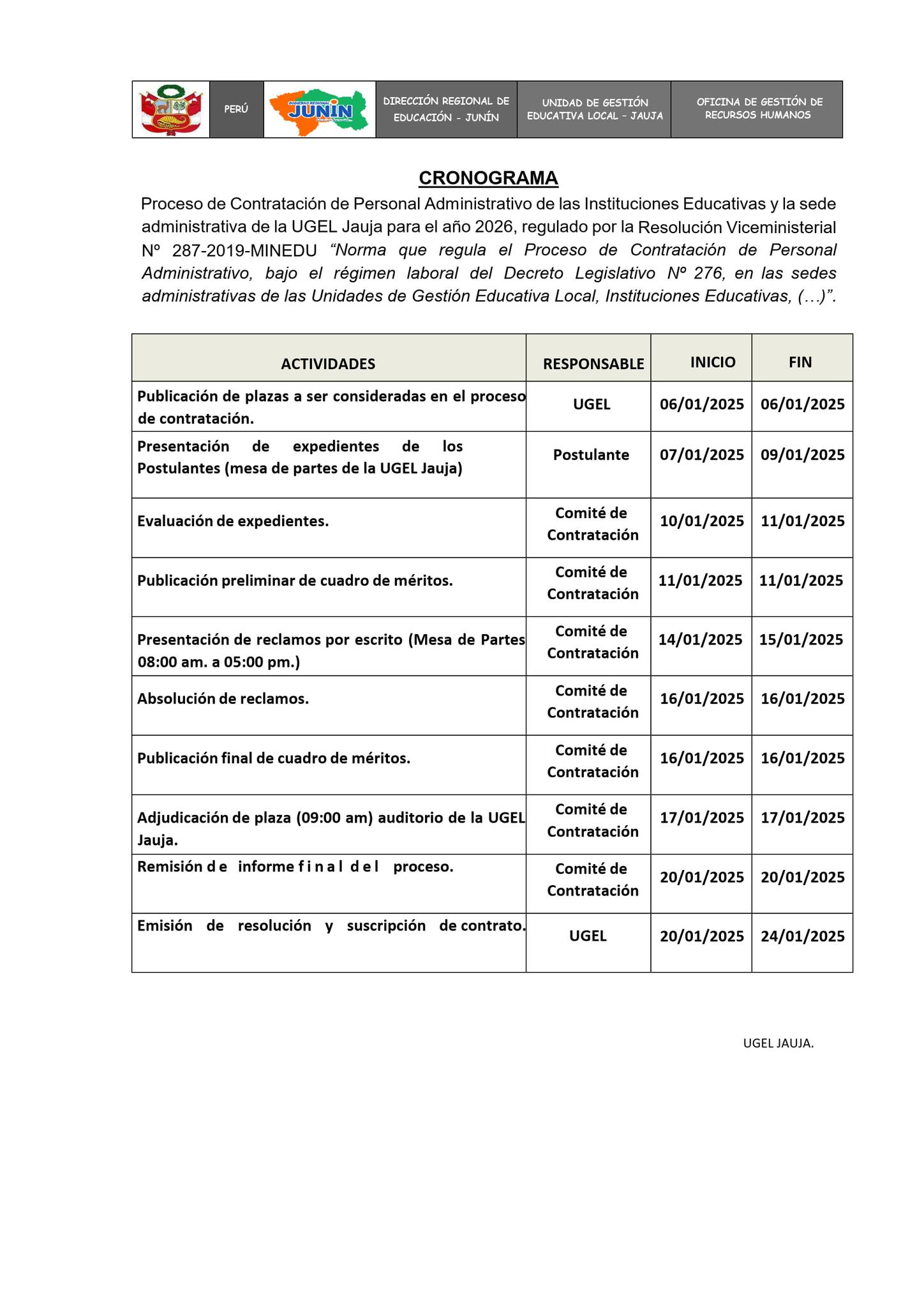Cronograma del Proceso de Contratación D.L. 276 UGEL Jauja 2025