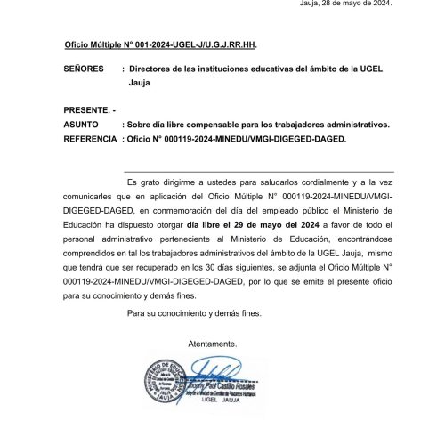 Oficio Múltiple N° 001-2024-UGEL-J/U.G.RR.HH.