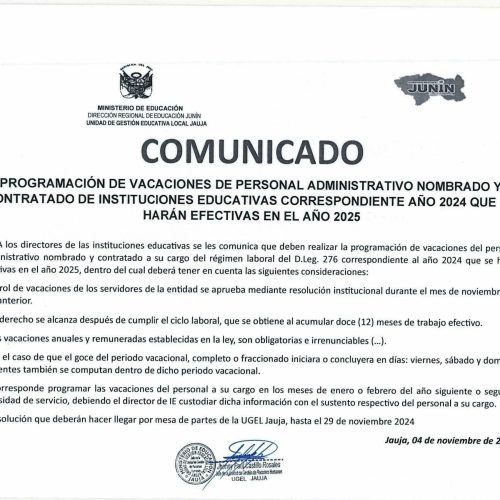 Programación de vacaciones del personal administrativo nombrado y contratado de I.E. correspondientes