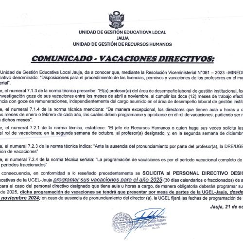 Comunicado Vacaciones Directivos UGEL Jauja